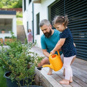 Father and small daughter outdoors in tha backyard, watering plants